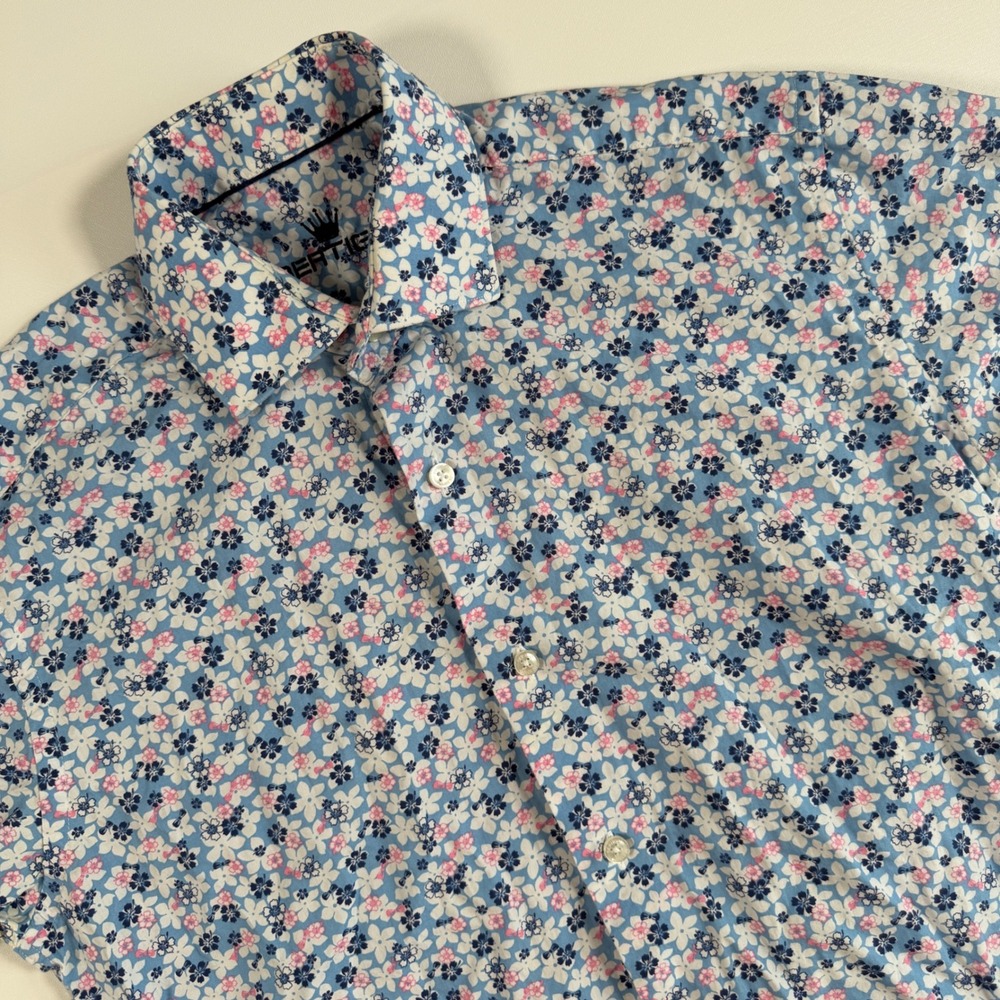 Bertigo Floral Button Up Shirt Small Short Sleeve Cotton Tropical Summer Blue
